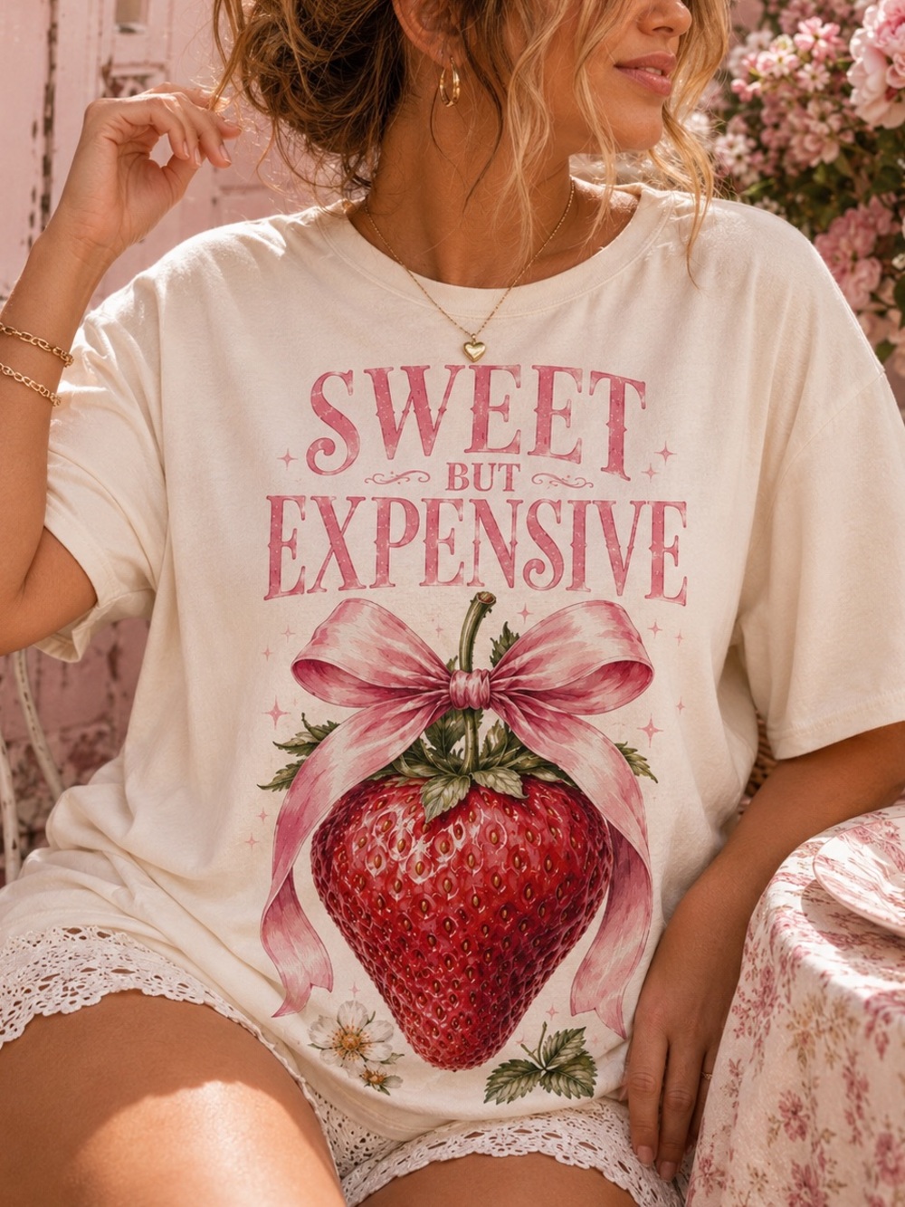 Sweet But Expensive Strawberry Graphic Tee - Cream & Pink